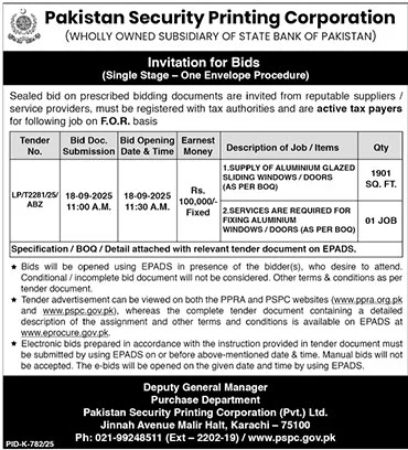 Pakistan Security Printing Corporation Karachi Tender Notice